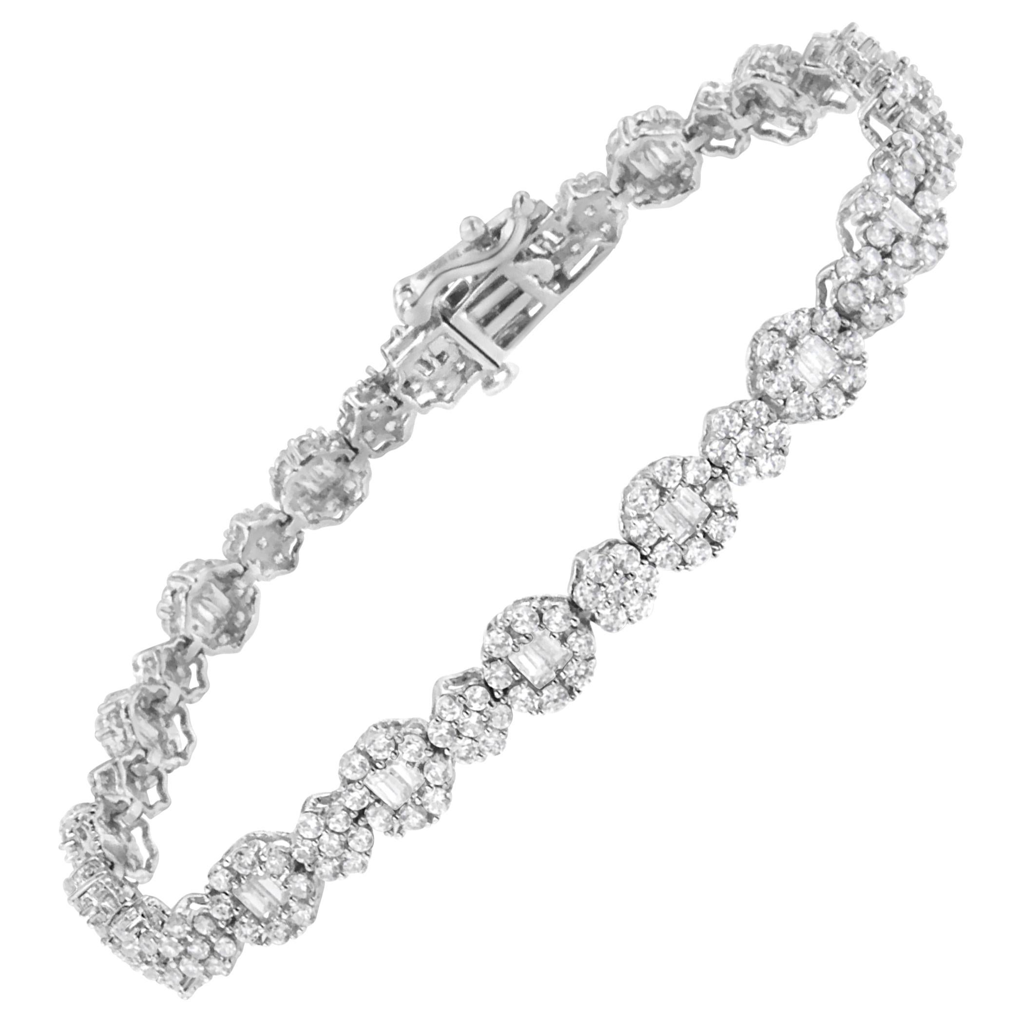 White Gold Brilliant Round-Cut and Baguette Diamond Floral Cluster Link Bracelet
