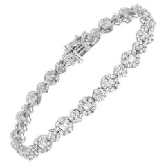 White Gold Brilliant Round-Cut and Baguette Diamond Floral Cluster Link Bracelet