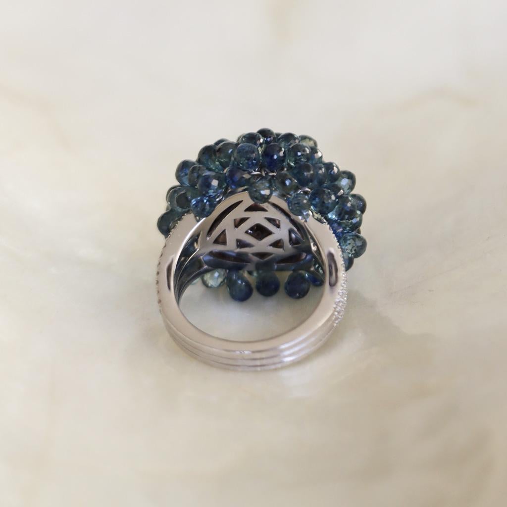 Modern White Gold Briolette Blue Sapphire and Diamond Ring