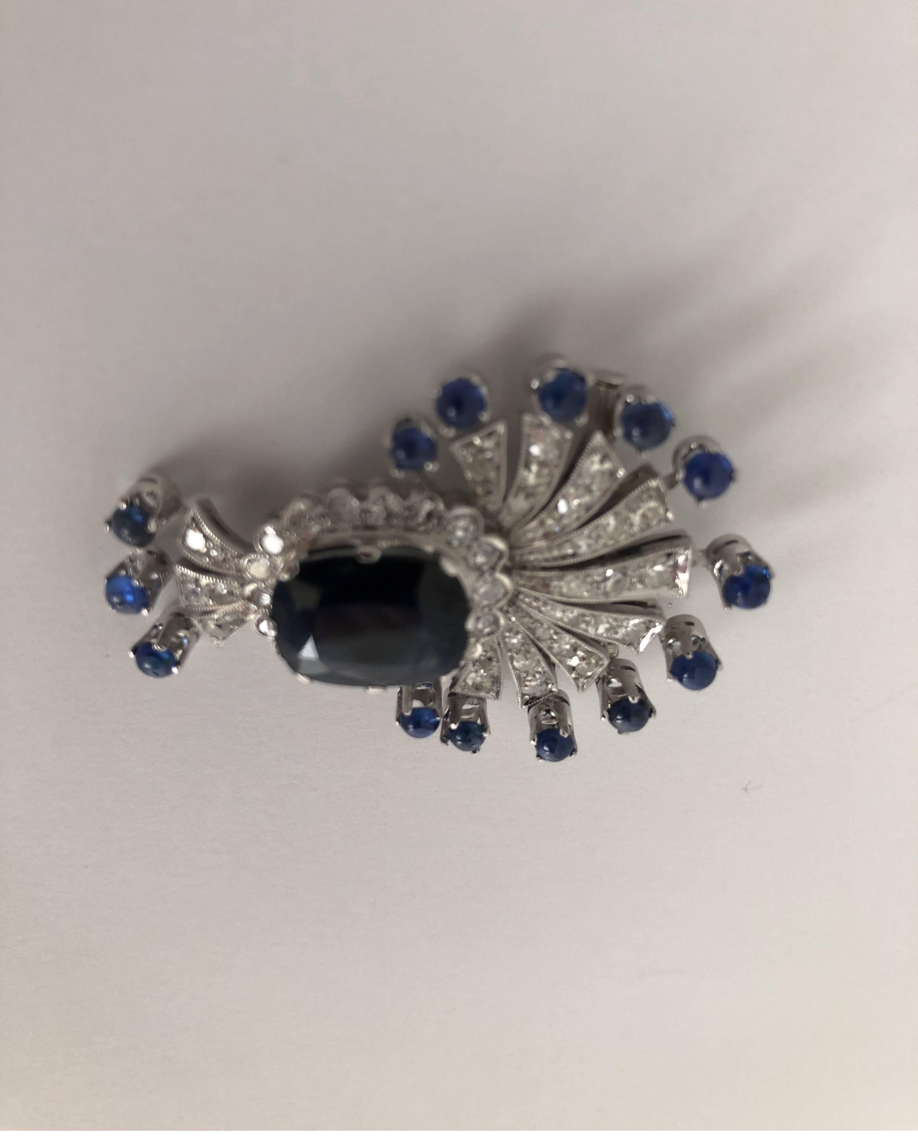 Art Deco White Gold Brooch with White Diamonds Blue Sapphires