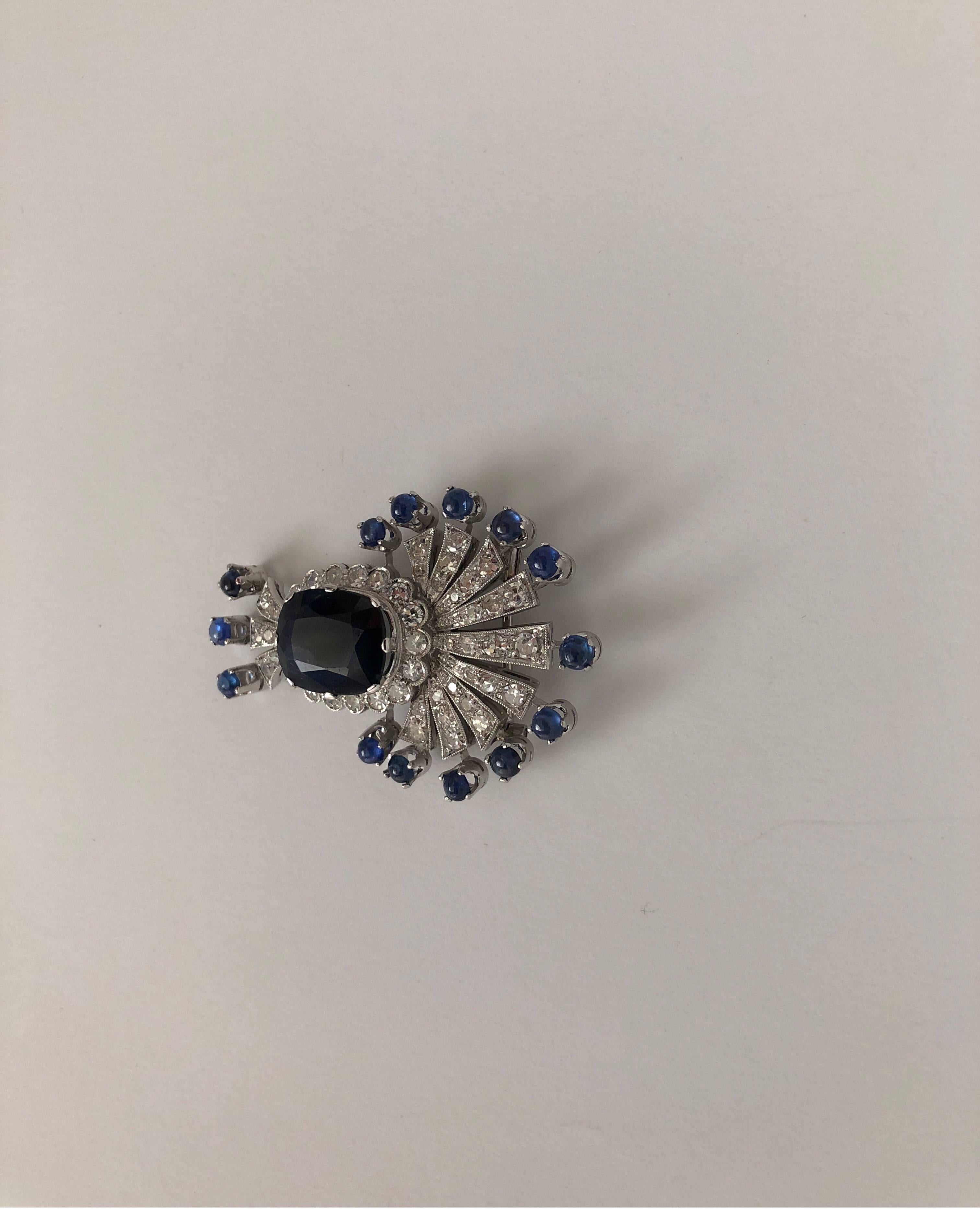 Cabochon White Gold Brooch with White Diamonds Blue Sapphires
