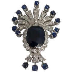 White Gold Brooch with White Diamonds Blue Sapphires