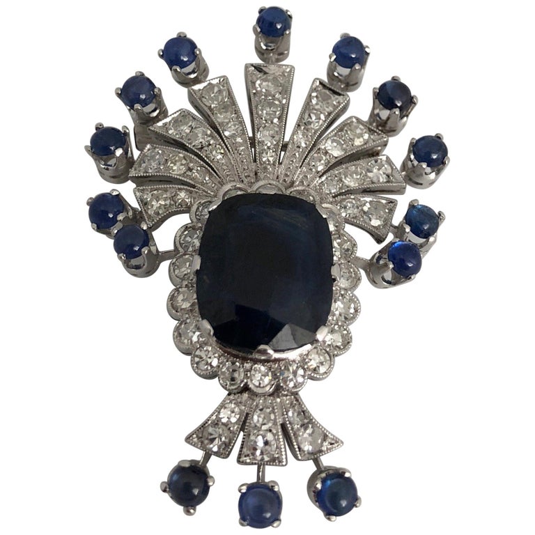 White Gold Brooch with White Diamonds Blue Sapphires at 1stDibs