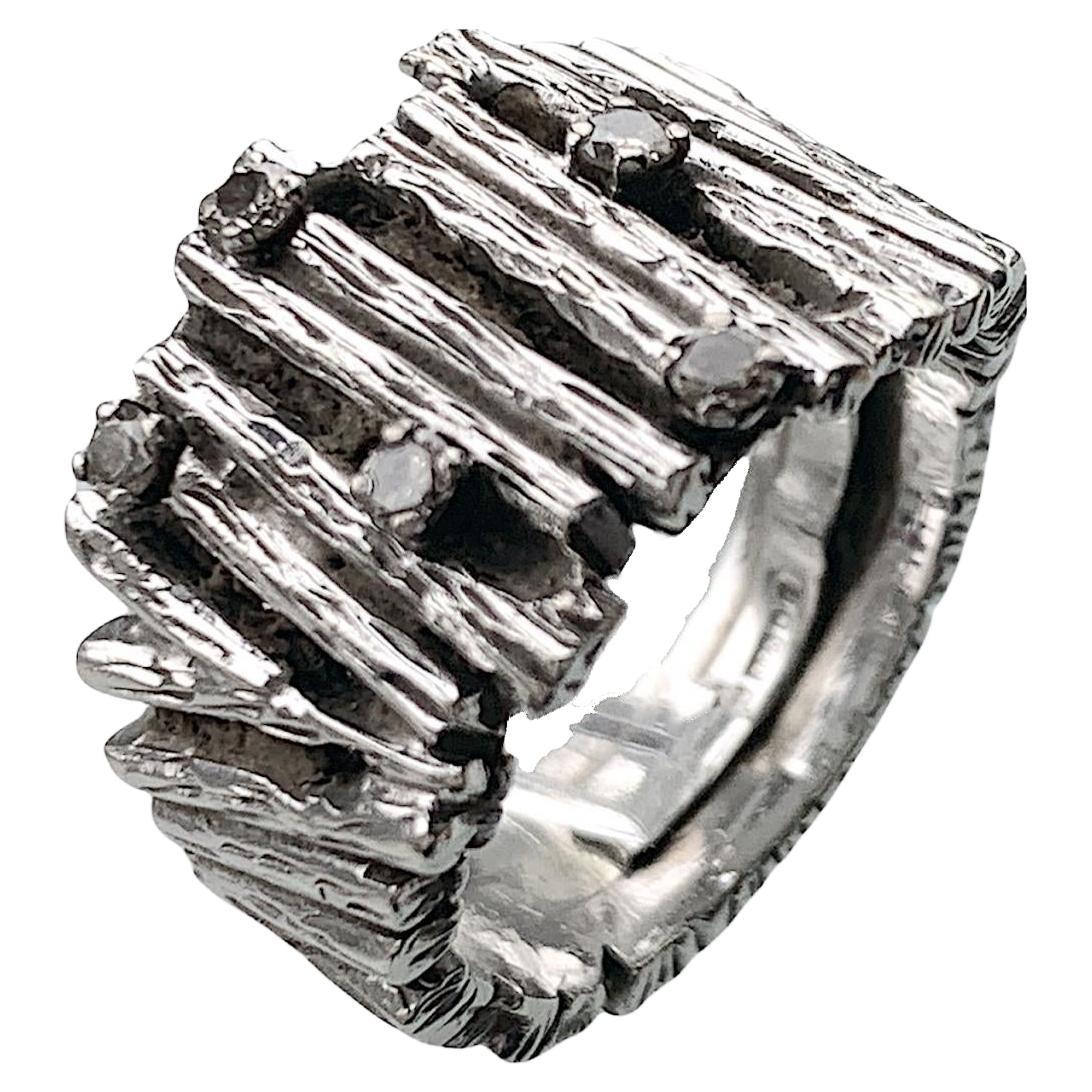 White Gold Brutalist Bark Design Diamond Ring For Sale