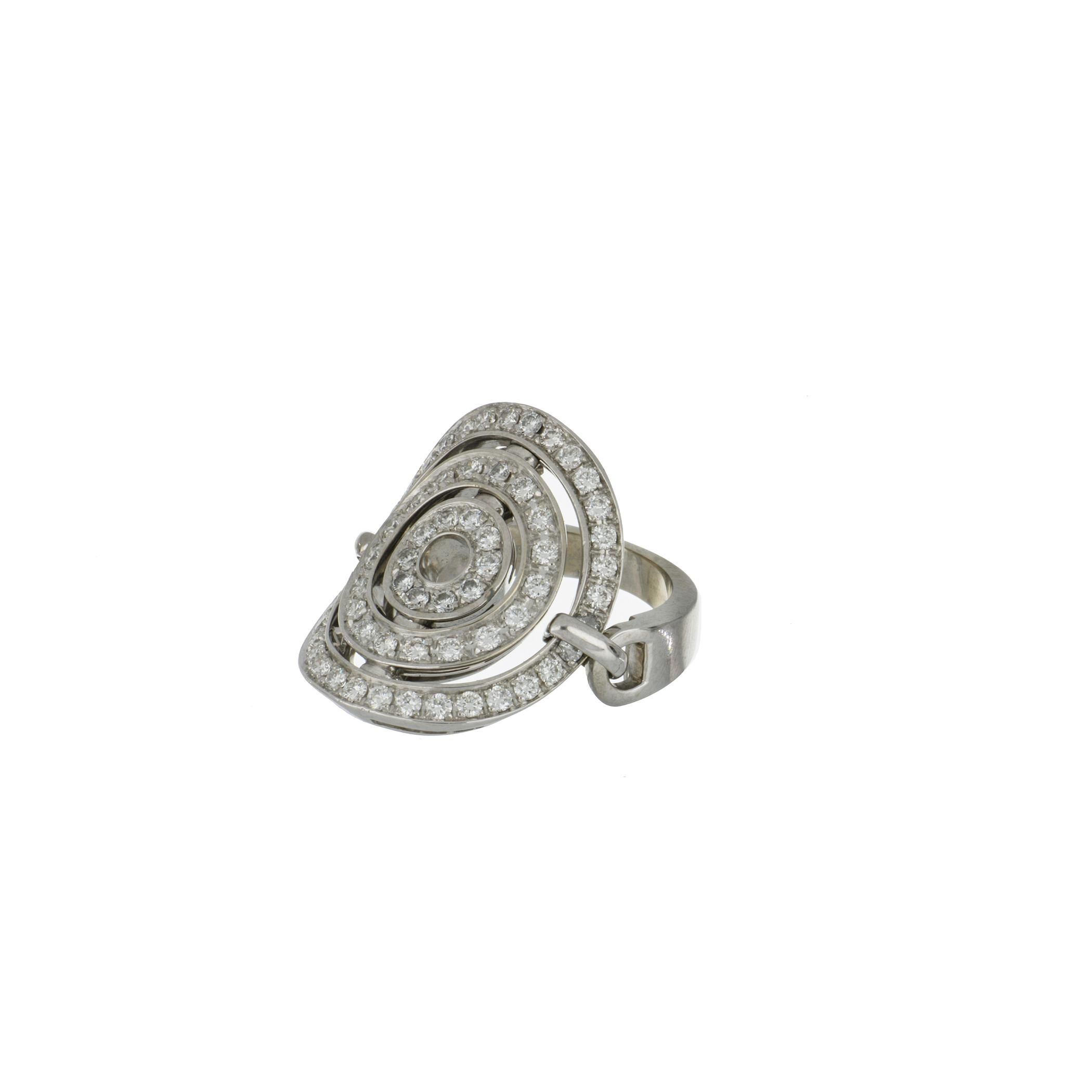Bulgari Astrale Cerchi ring in 18K white gold with diamonds.  Features open circles within circles with diamonds.  There are sixty-two (62) round diamonds totaling 1.25 carats; E-F color and VVS-VS1 clarity.  Ring is currently a size 5 1/2. 