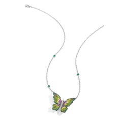 White Gold Butterfly Necklace with White Diamonds, Malachite and Micromosaic
