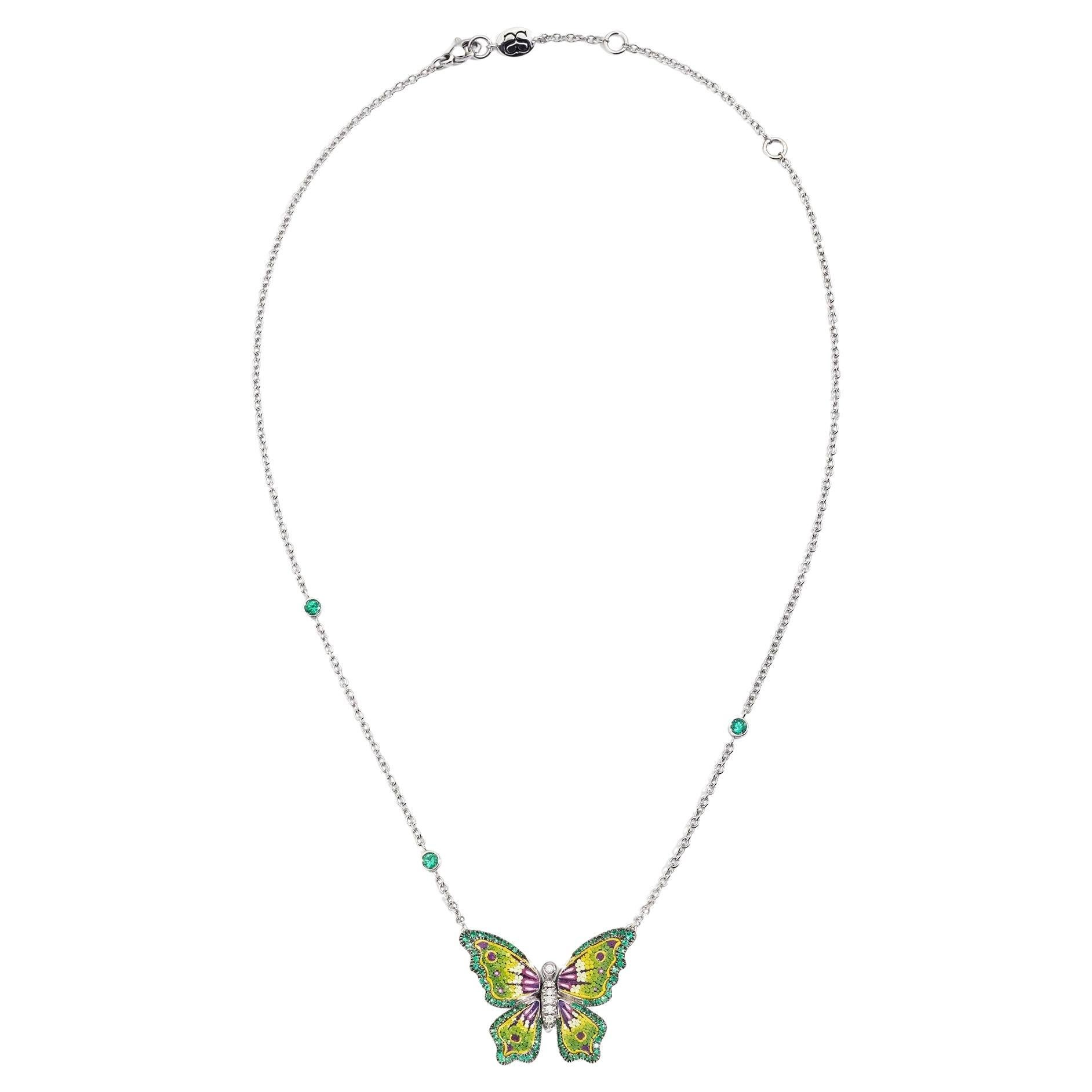 White Gold Butterfly Necklace with White Diamonds, Malachite and Micromosaic