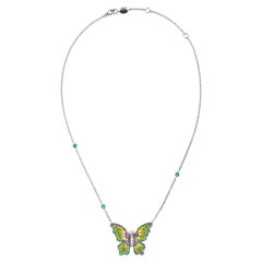 White Gold Butterfly Necklace with White Diamonds, Malachite and Micromosaic