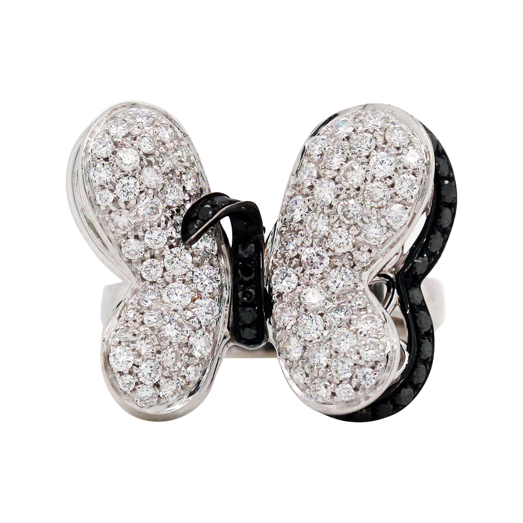 White Gold Butterfly Ring with Black and White Diamonds