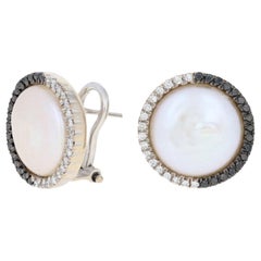 White Gold Button Pearl & Diamond Earrings 18k Round Brilliant .34 Carat Halo