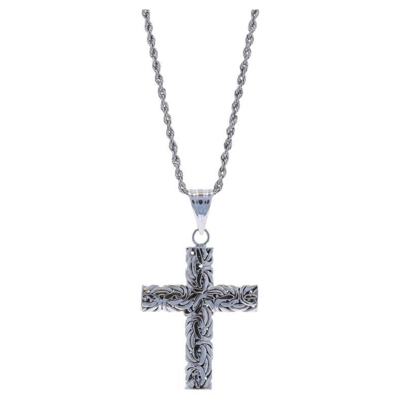 White Gold Byzantine Chain Cross Pendant Necklace 17" - 14k Faith