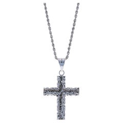 White Gold Byzantine Chain Cross Pendant Necklace 17" - 14k Faith