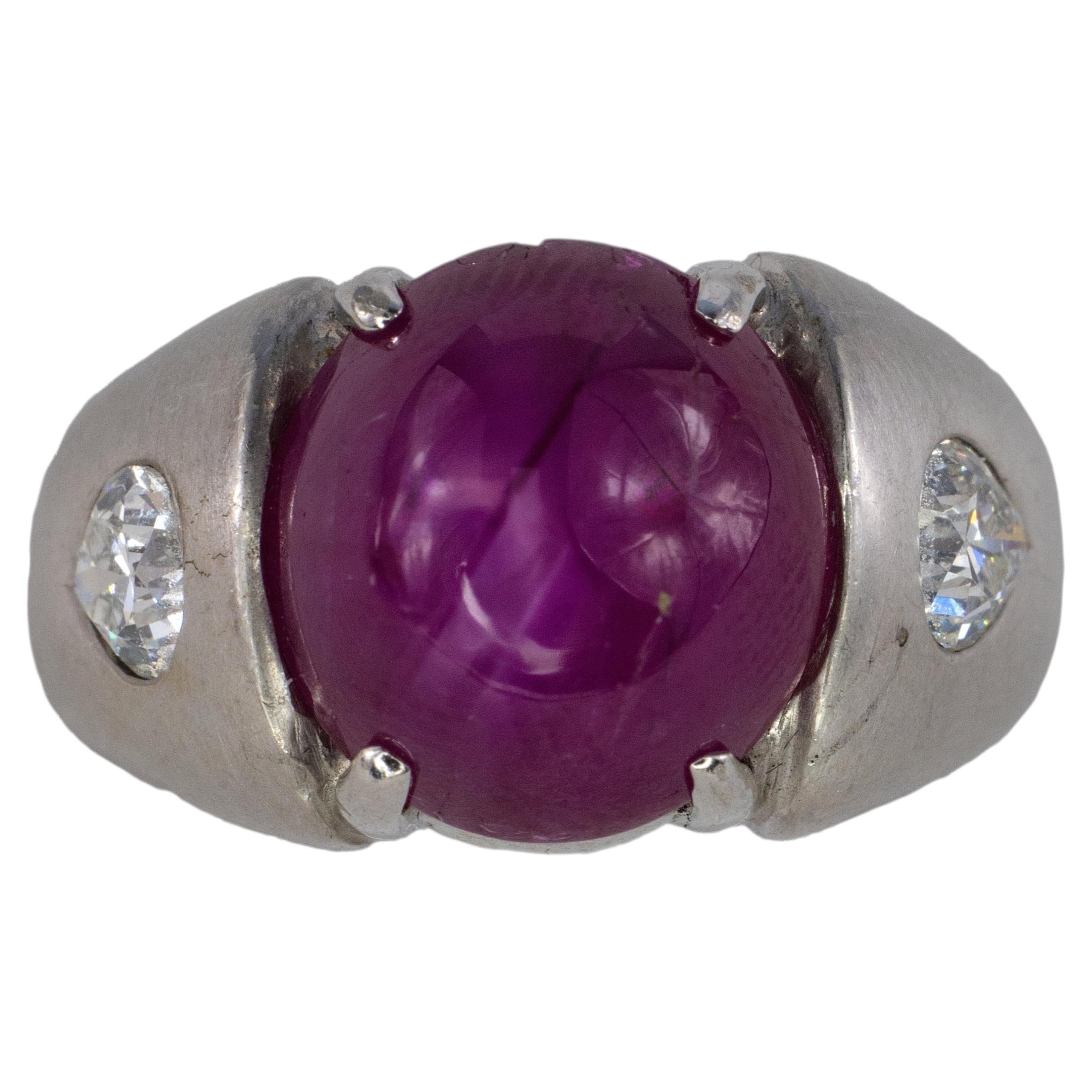 White Gold Cabochon Ruby and Pear-Cut Diamond Gypsy Ring For Sale