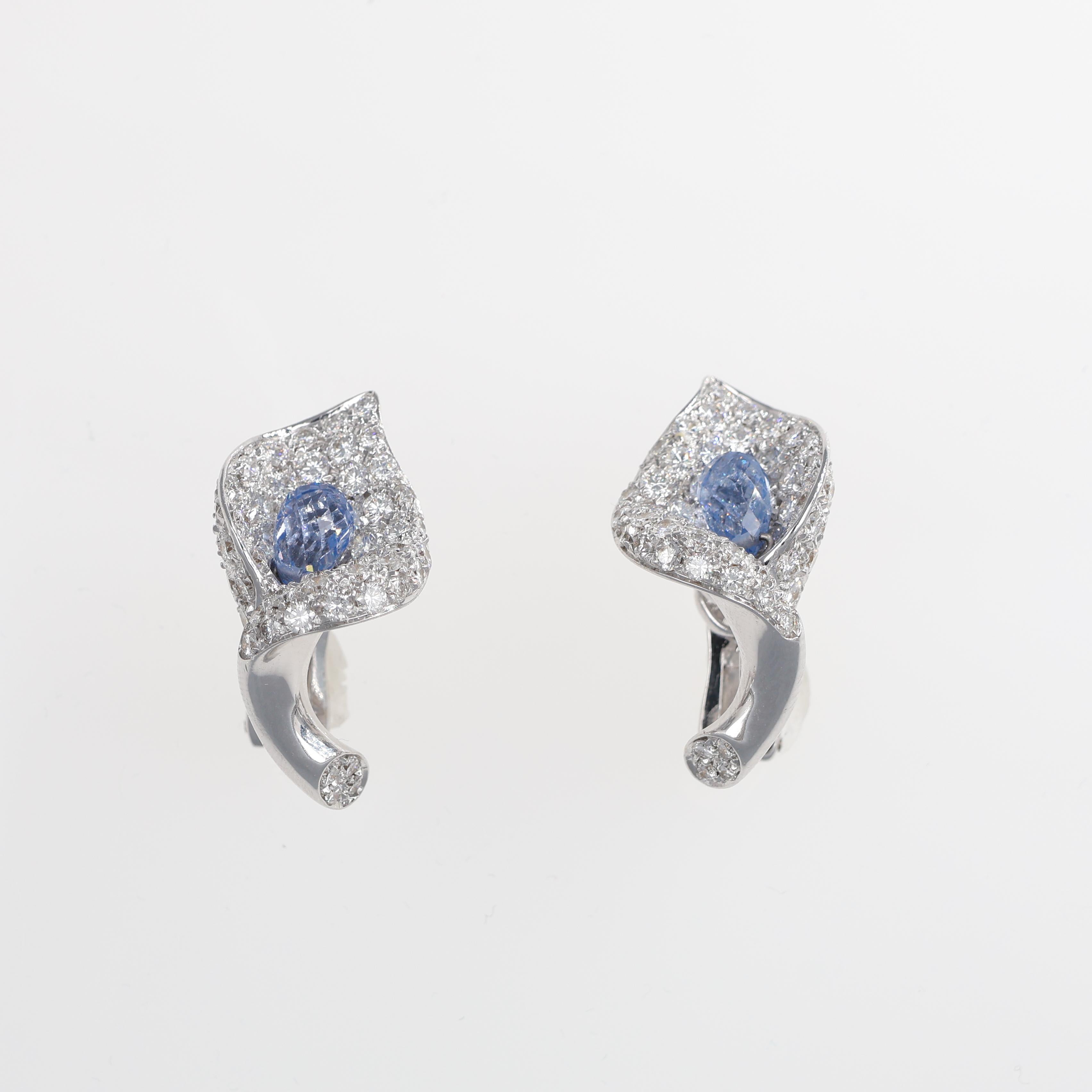 Brilliant Cut White Gold Calla Lily Earrings with Diamonds and Sapphires For Sale