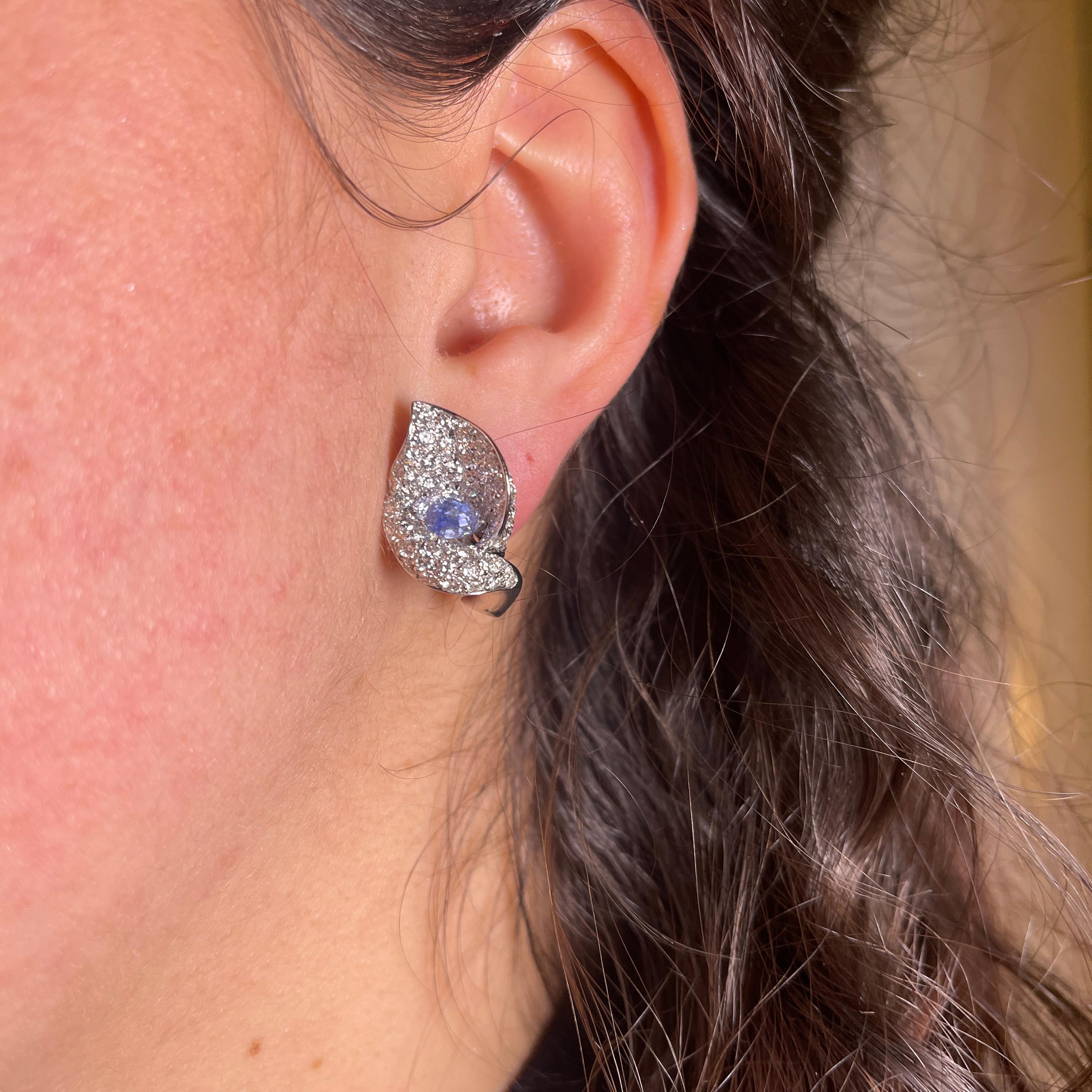 White Gold Calla Lily Earrings with Diamonds and Sapphires For Sale 2