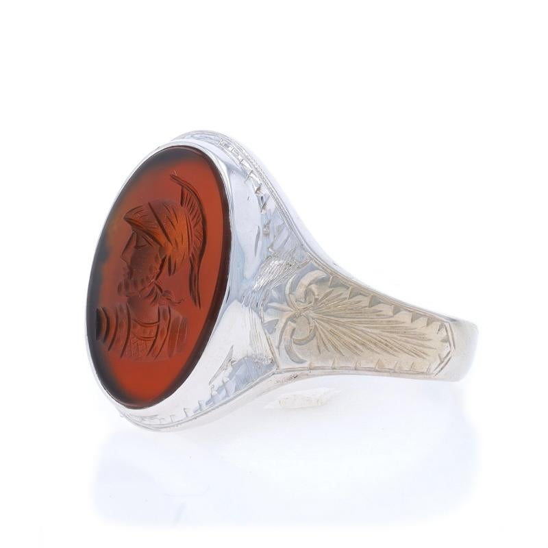 Weißgold Karneol Art Deco Antiker Krieger Herrenring 10k Intaglio Vintage (Ovalschliff) im Angebot