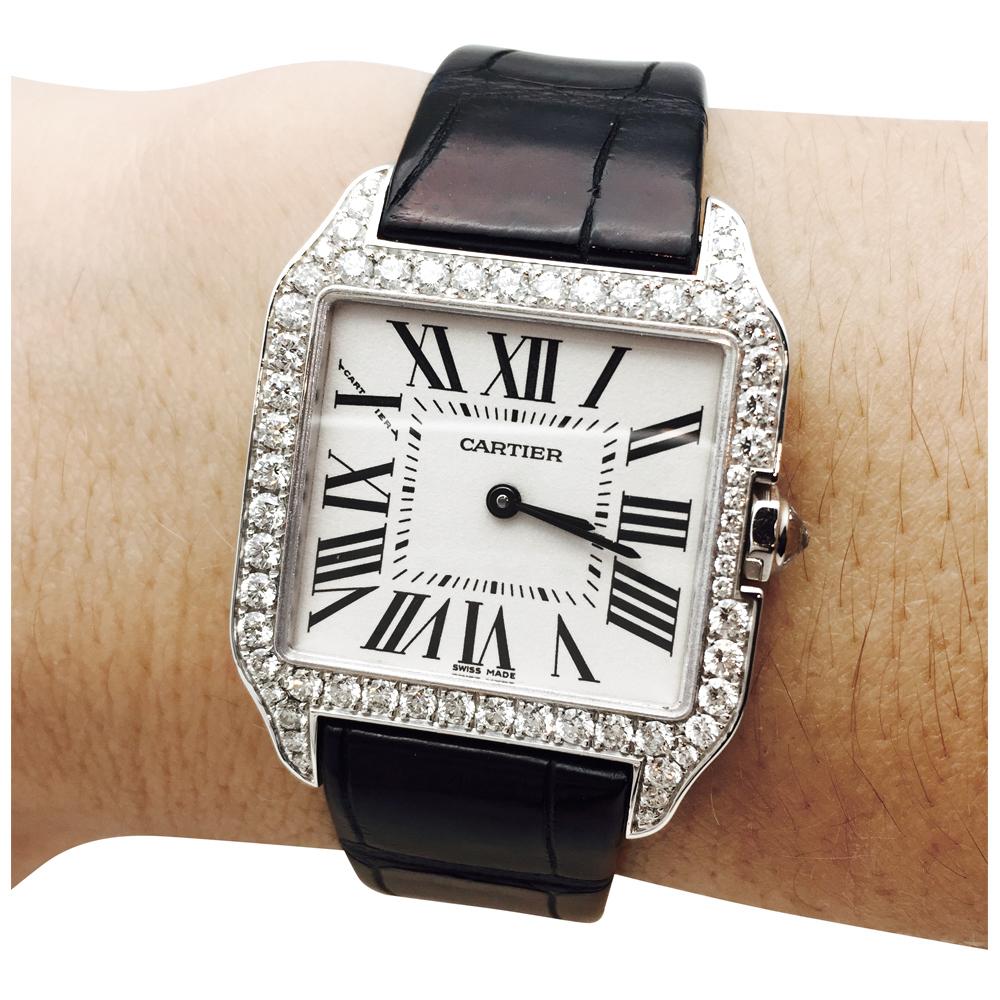 Round Cut Cartier Watch, white gold Santos Dumont Collection, Diamonds