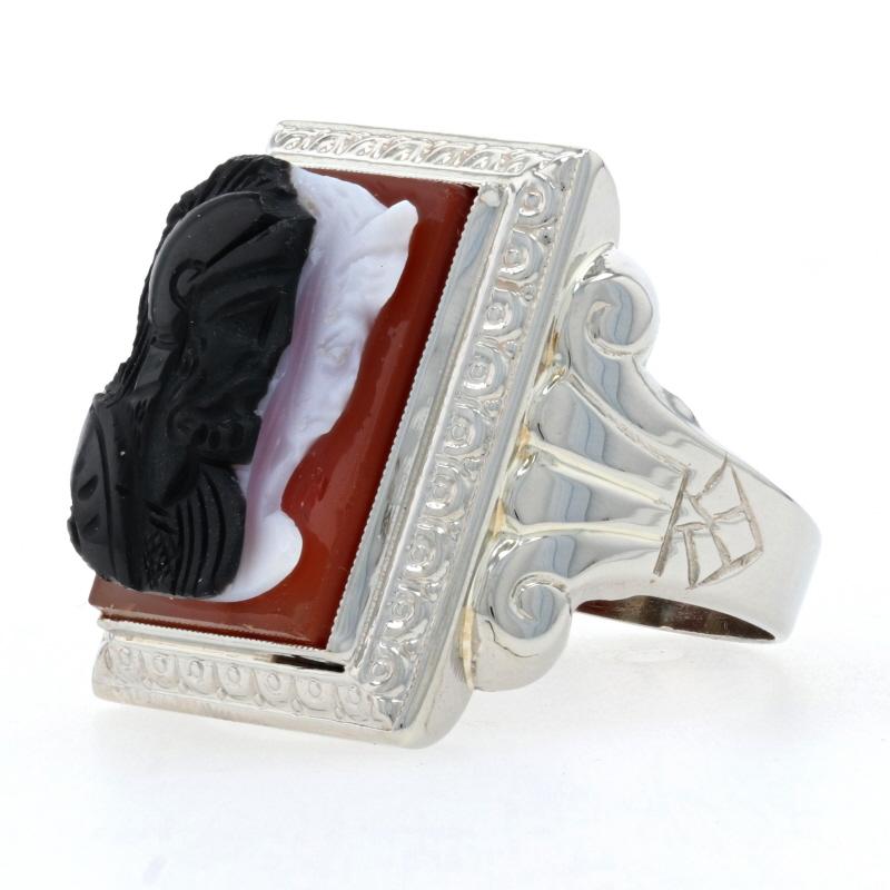White Gold Carved Banded Agate Cameo Art Deco Men's Ring, 10k Warriors Vintage 3