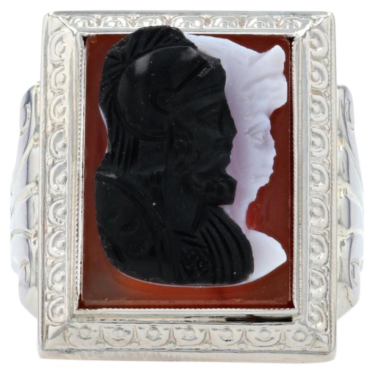For Sale:  White Gold Carved Banded Agate Cameo Art Deco Men's Ring, 10k Warriors Vintage