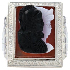 White Gold Carved Banded Agate Cameo Art Deco Men's Ring, 10k Warriors Antique