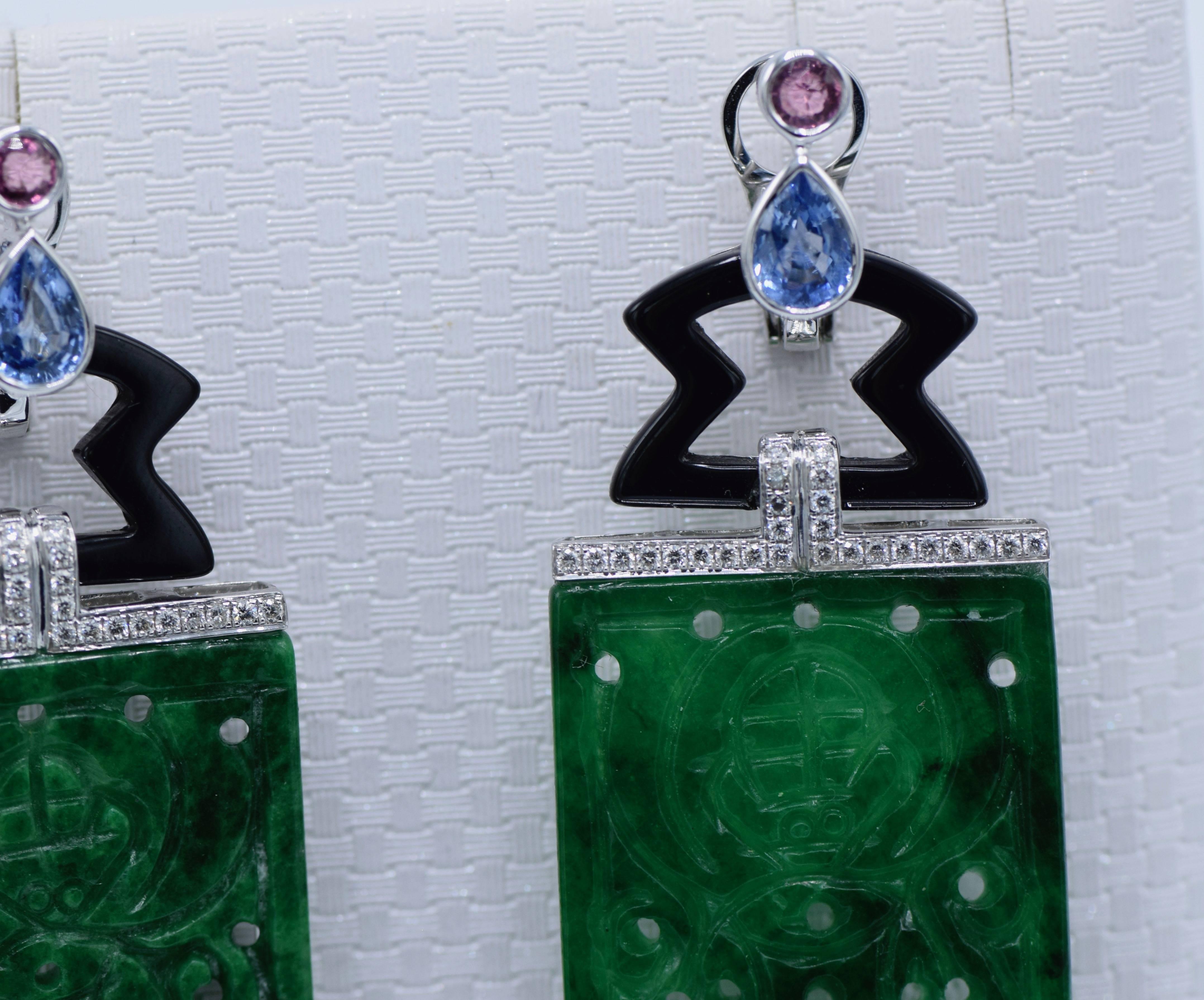 Contemporary White Gold, Carved Jade, Black Onyx, Sapphire, Pink Sapphire and Diamond Earring