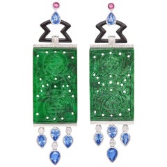 White Gold, Carved Jade, Black Onyx, Sapphire, Pink Sapphire and Diamond Earring