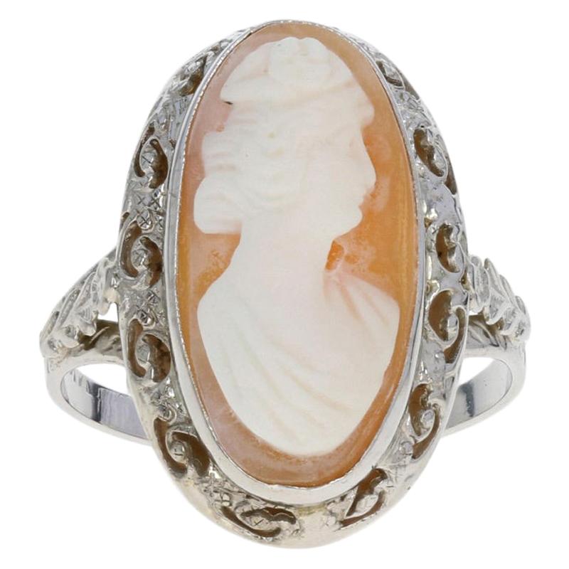 White Gold Carved Shell Art Deco Cameo Ring, 14k Vintage Silhouette