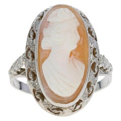 White Gold Carved Shell Art Deco Cameo Ring, 14k Vintage Silhouette