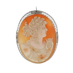 White Gold Carved Shell Cameo Art Deco Brooch/Pendant-14k Silhouette Vintage Pin