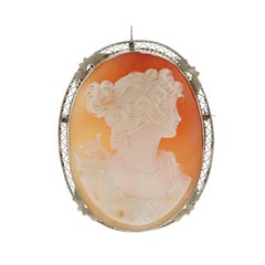 White Gold Carved Shell Cameo Art Deco Brooch/Pendant-14k Silhouette Vintage Pin