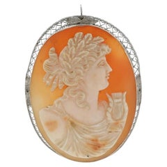 White Gold Carved Shell Cameo Art Deco Brooch/Pendant-14k Silhouette Vintage Pin