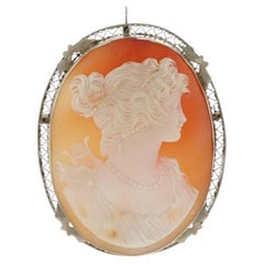 White Gold Carved Shell Cameo Art Deco Brooch/Pendant-14k Silhouette Vintage Pin
