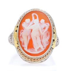 White Gold Carved Shell Cameo Art Deco Three Graces Cameo Ring - 14k Filligree