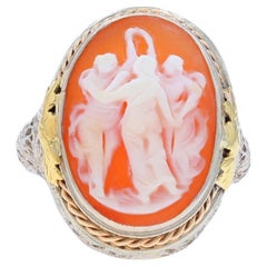 Anello in oro bianco con cammeo a conchiglia intagliato Art Deco con tre grazie - 14k Filligree