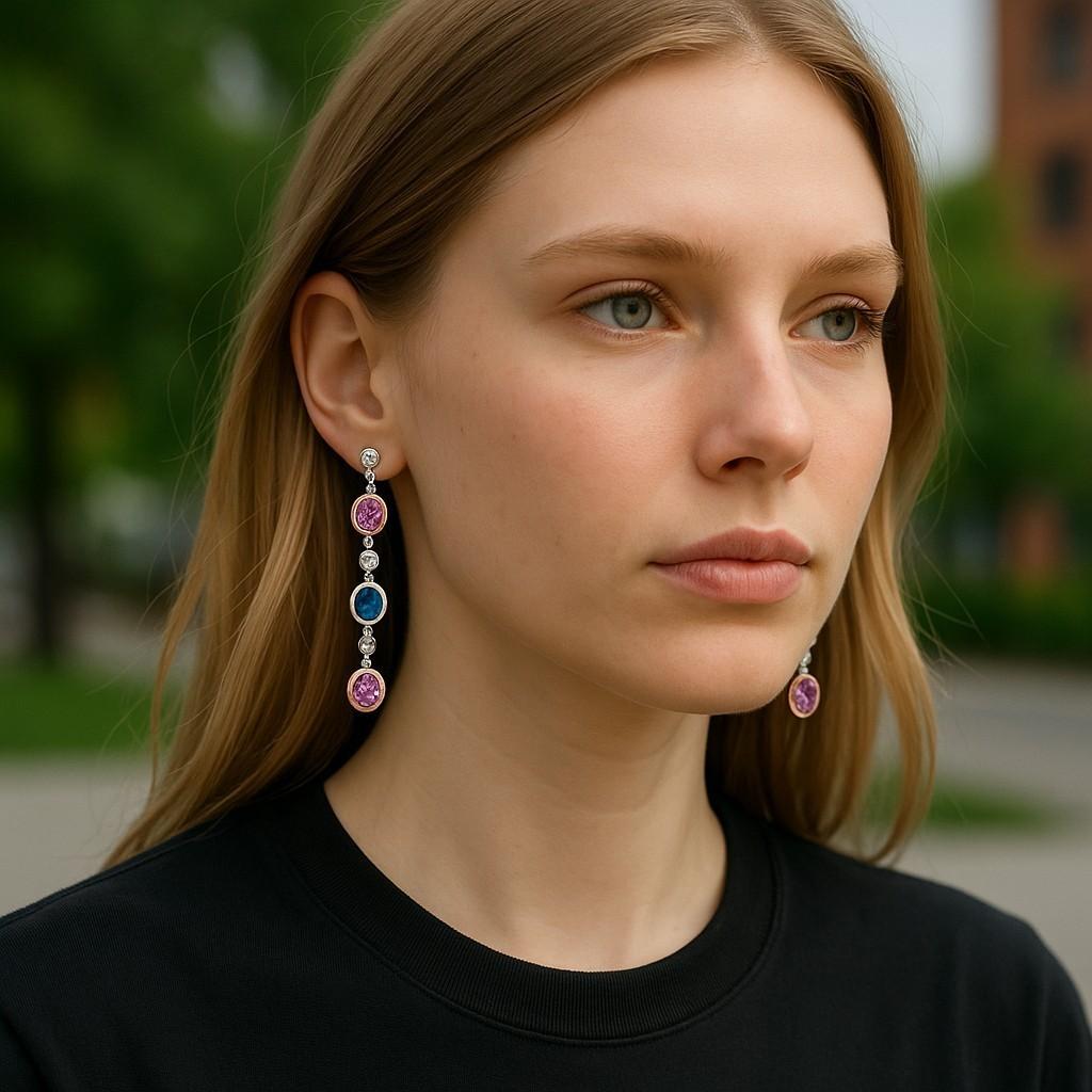 Une fusion vibrante de couleurs et d'allure sophistiquée

Rehaussez votre style avec ces longues boucles d'oreilles pendantes en or blanc 14 carats, mettant en vedette 6 saphirs roses et bleus de Ceylan totalisant 4,60 carats, suspendus à des