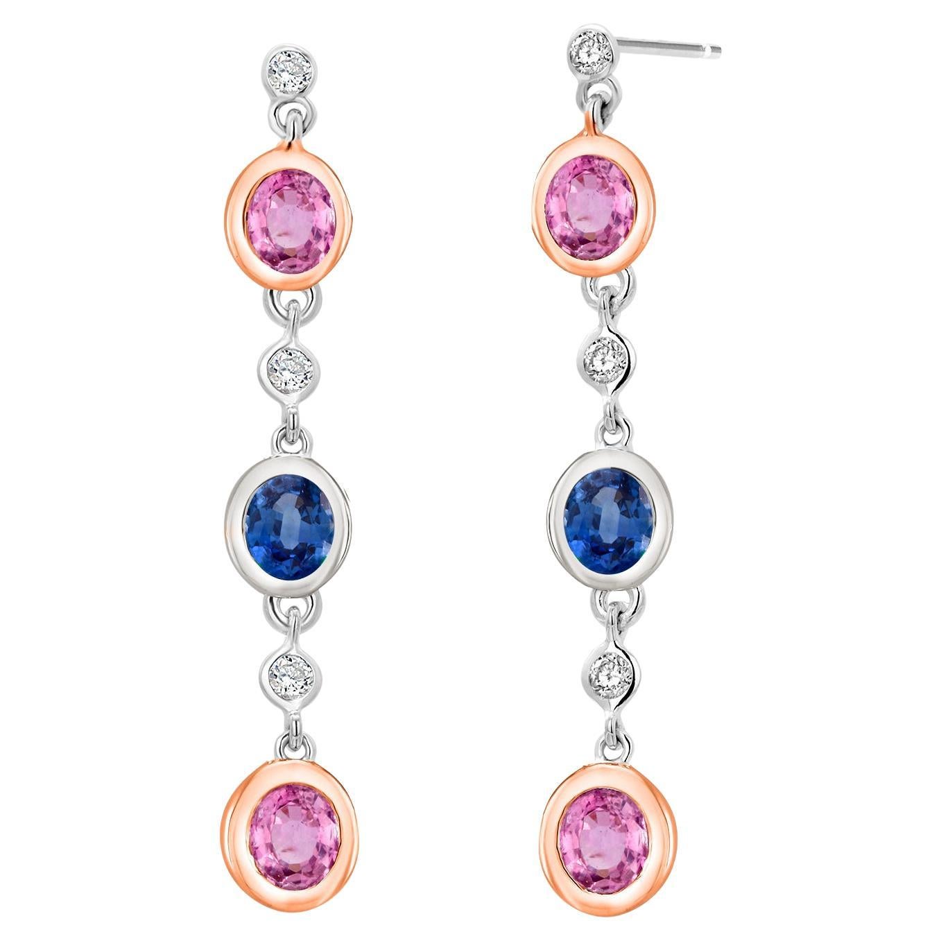 White Gold Ceylon Blue Pink Sapphire and Diamond 1.75 inch Bezel Drop Earrings