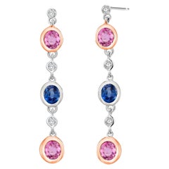 White Gold Ceylon Blue Pink Sapphire and Diamond 1.75 inch Bezel Drop Earrings