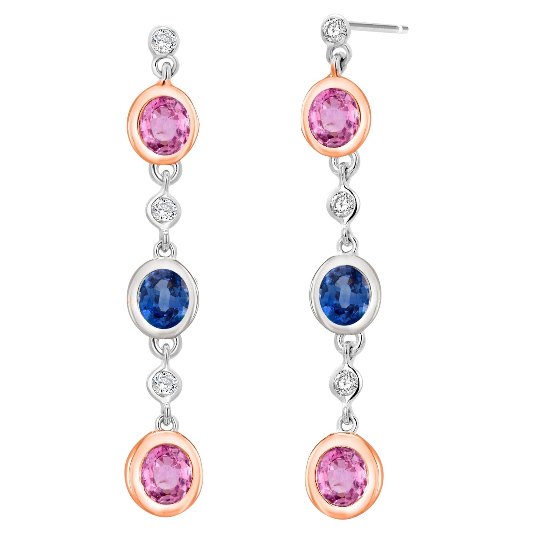 Boucles d
oreilles pendantes Ceylan en or blanc, saphir bleu, rose et diamant de 1,75 pouce