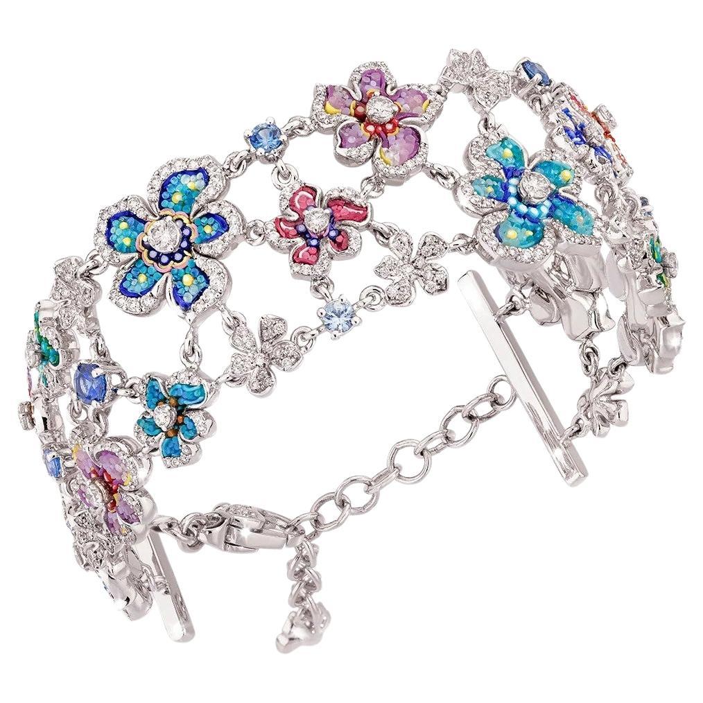 White Gold Chain Bracelet with Blue Sapphires, White Diamonds and Micromosaic