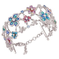 White Gold Chain Bracelet with Blue Sapphires, White Diamonds and Micromosaic