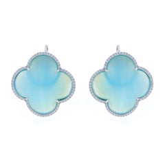 White Gold Chalcedony & Diamond Halo Drop Earrings 18k .65ctw Quatrefoil Pierced