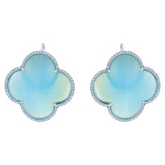 White Gold Chalcedony & Diamond Halo Drop Earrings 18k .65ctw Quatrefoil Pierced