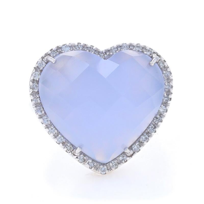 Size: 8
Sizing Fee: Up 1 size for $50 or Down 1 size for $40

Metal Content: 14k White Gold

Stone Information

Natural Chalcedony
Carat(s): 11.33ct
Cut: Checkerboard Heart Cabochon
Color: Light Purple

Natural Diamonds
Carat(s): .24ctw
Cut: Round