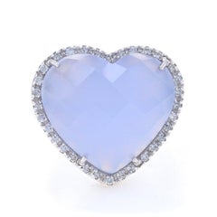 White Gold Chalcedony Diamond Heart Halo Ring - 14k Checkerboard Cab 11.57ctw