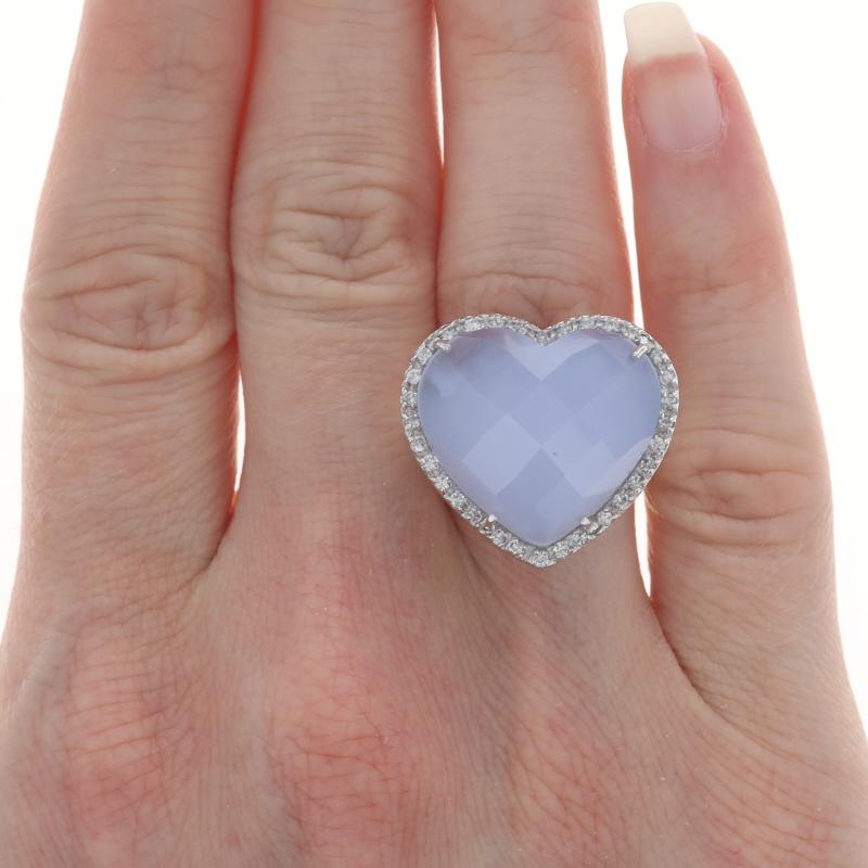 Heart Cut White Gold Chalcedony Diamond Heart Halo Ring - 14k Checkerboard Cab 11.57ctw For Sale