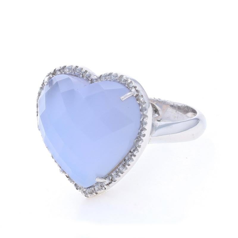 White Gold Chalcedony Diamond Heart Halo Ring - 14k Checkerboard Cab 11.57ctw In Excellent Condition For Sale In Greensboro, NC