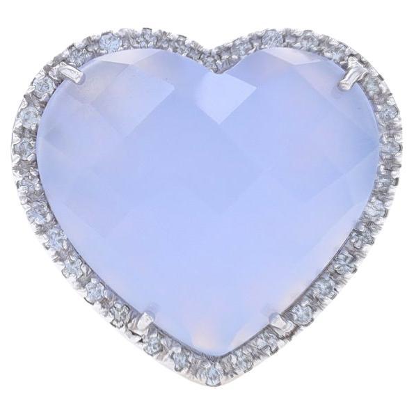White Gold Chalcedony Diamond Heart Halo Ring - 14k Checkerboard Cab 11.57ctw For Sale