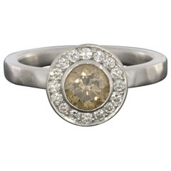 White Gold Champagne Round Diamond Halo Engagement Ring with Satin Hammer Finish
