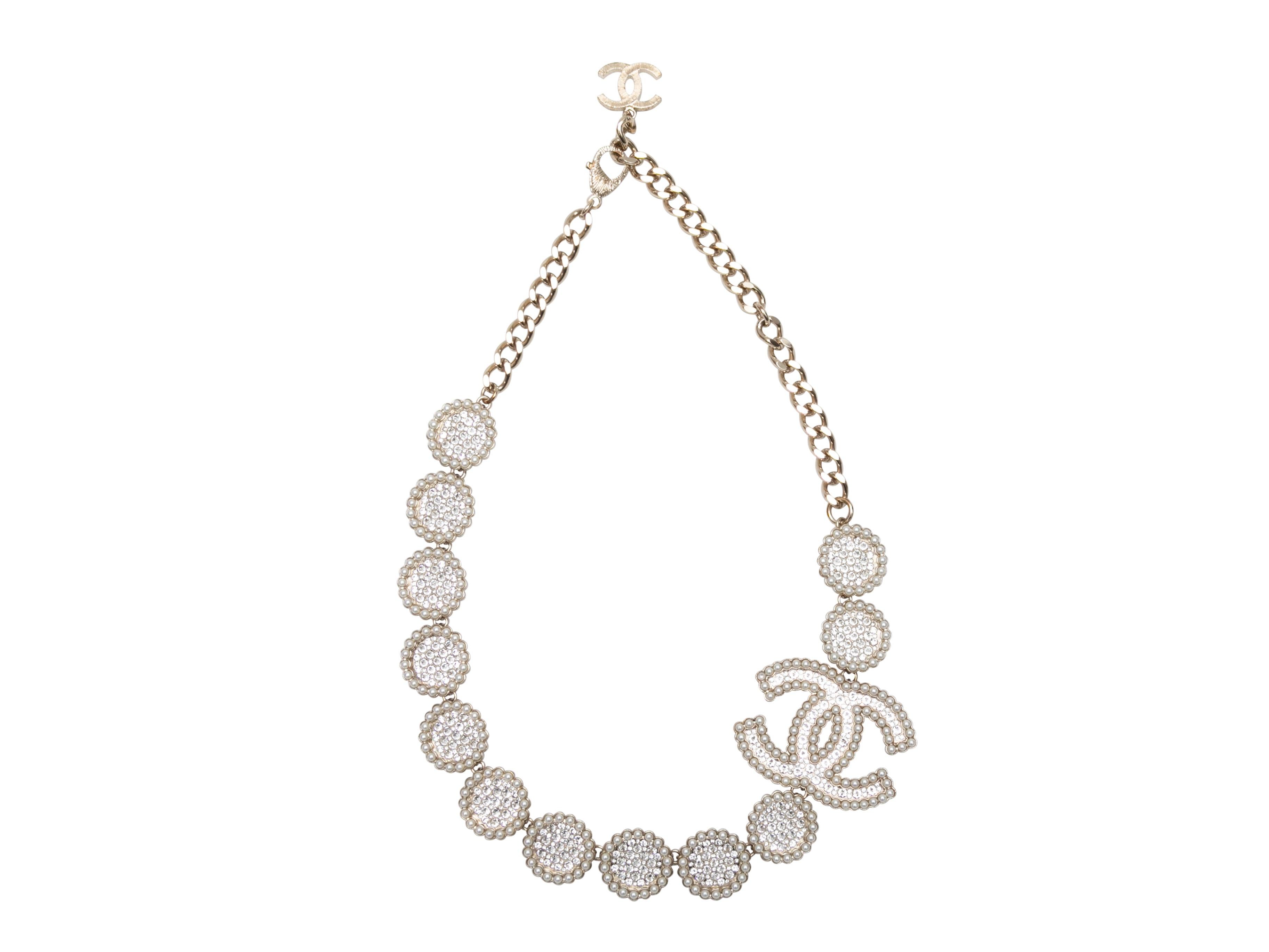  White gold plated faux pearl and crystal CC statement necklace by Chanel. Lobster claw closure. 2