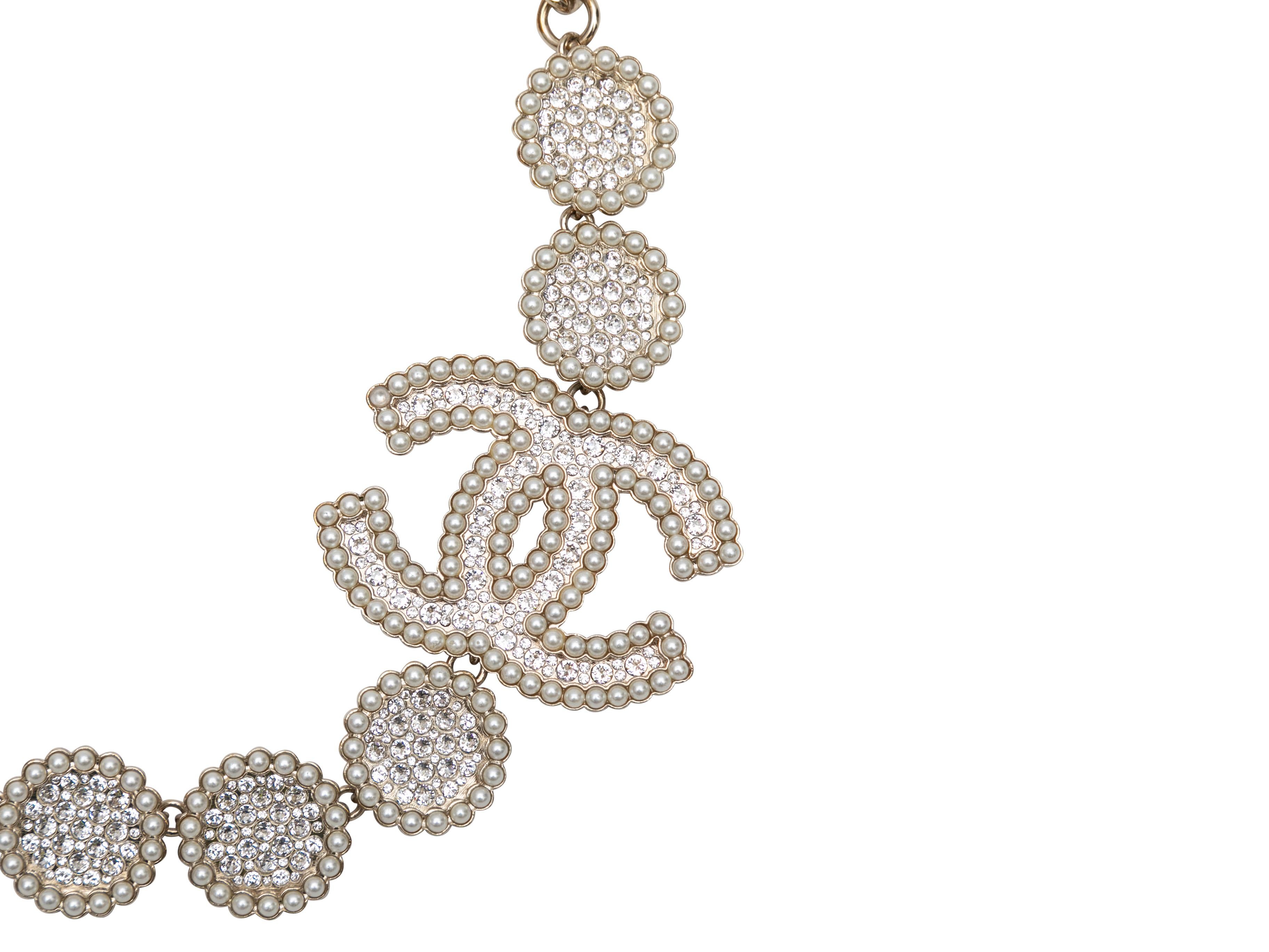 White Gold Chanel Plated Faux Pearl & Crystal CC Necklace In Good Condition In New York, NY